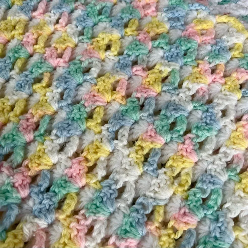 Vintage Handmade 1960s 1970s Rainbow Pastel Crochet Knit Baby Blanket & Bonnet